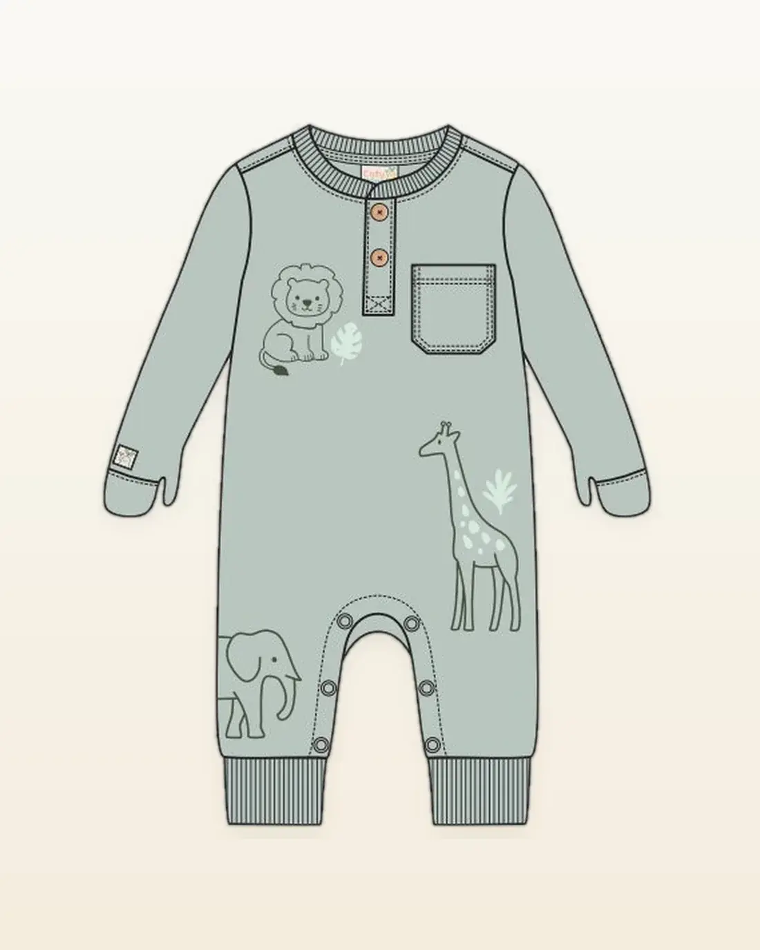 Child being helped into the Cozy Wiggle jumpsuit in Laurel Green