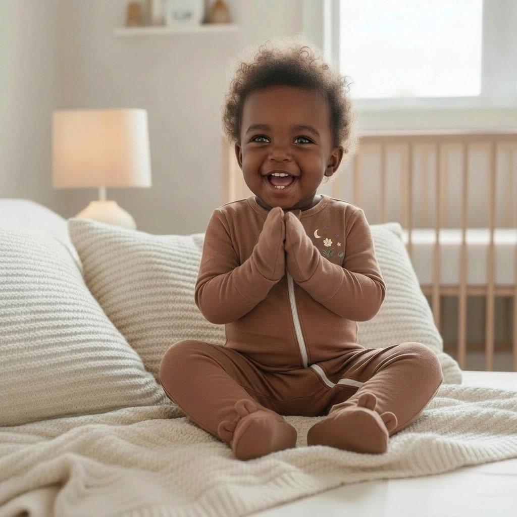 A joyful toddler in soft organic cotton Cozy Wiggle sleepwear, hands resting gently together