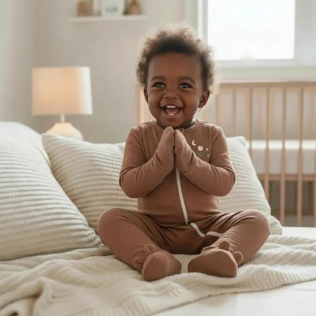 Laughing toddler on a knit blanket, hands gently tucked into the Cozy Wiggle onesie's soft cuffs