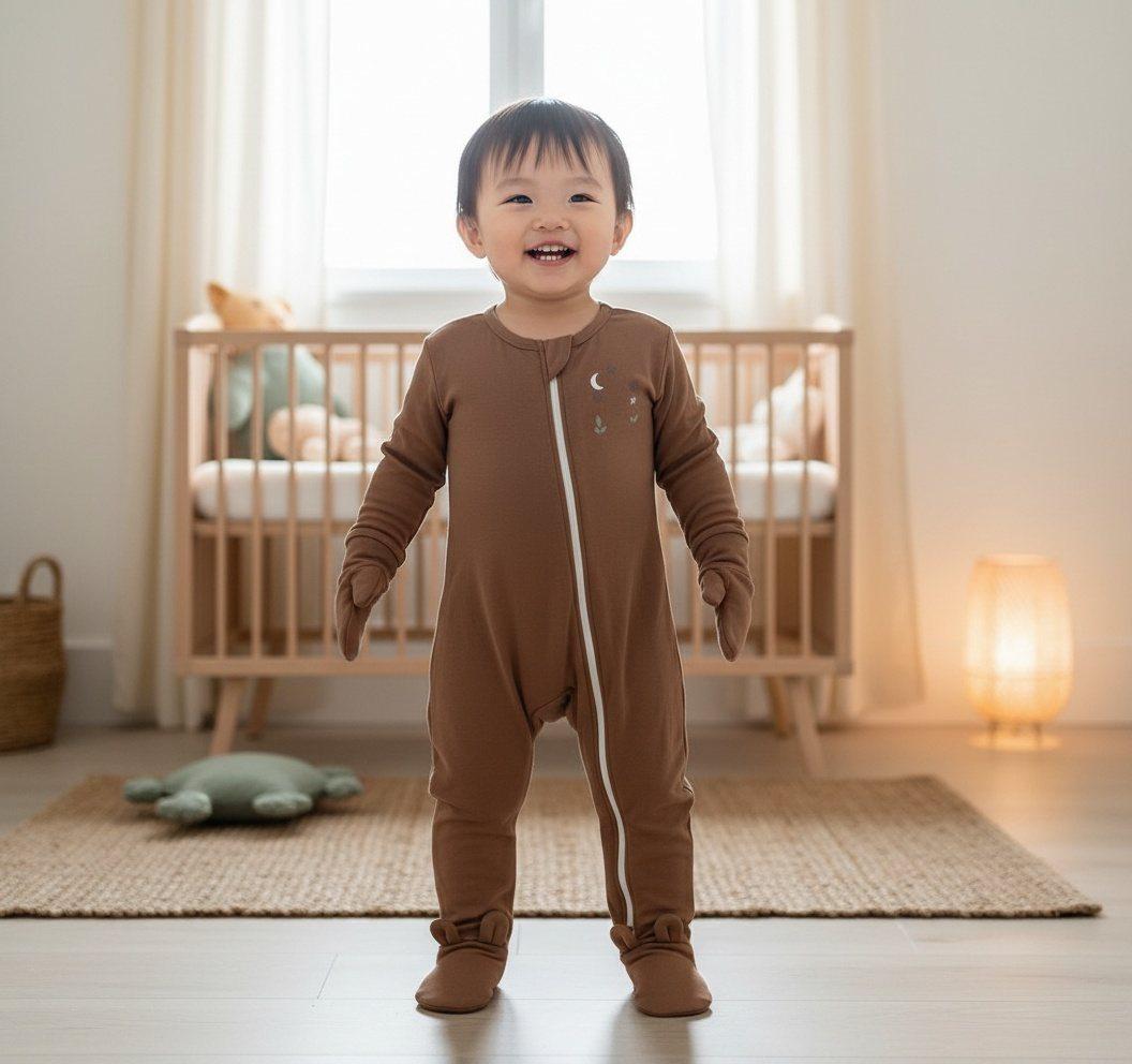Toddler standing confidently in a full-length Cozy Wiggle piece