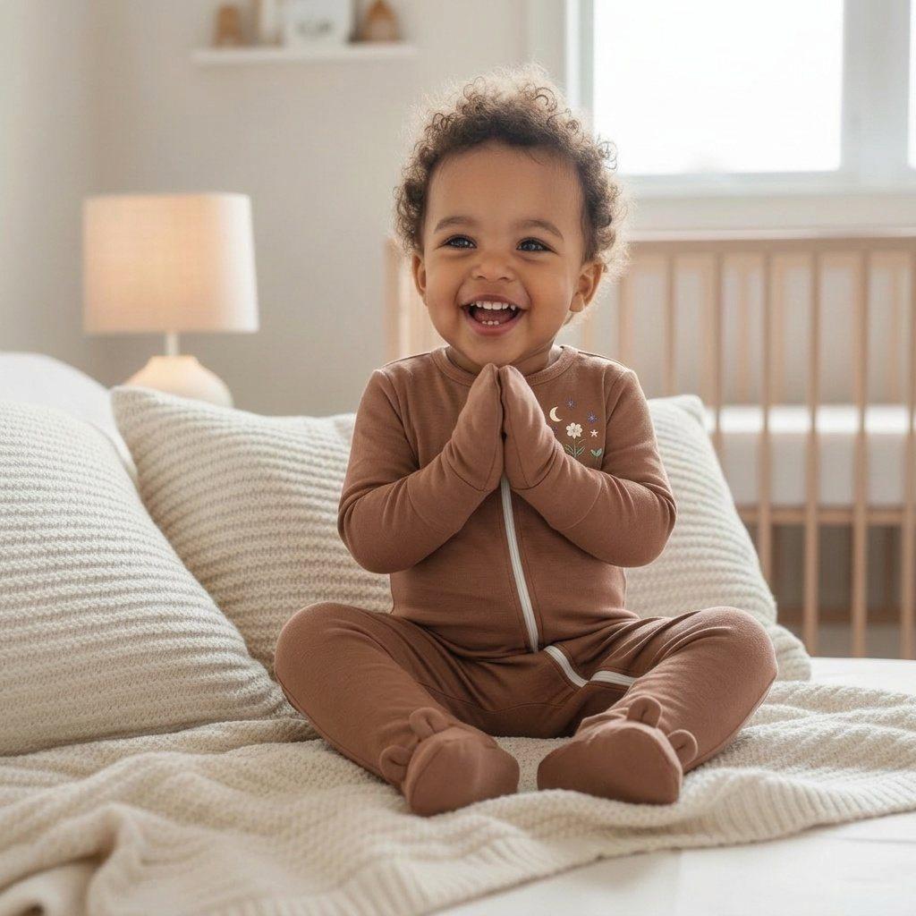 Toddler relaxing happily on a soft knit blanket in Cozy Wiggle sleepwear
