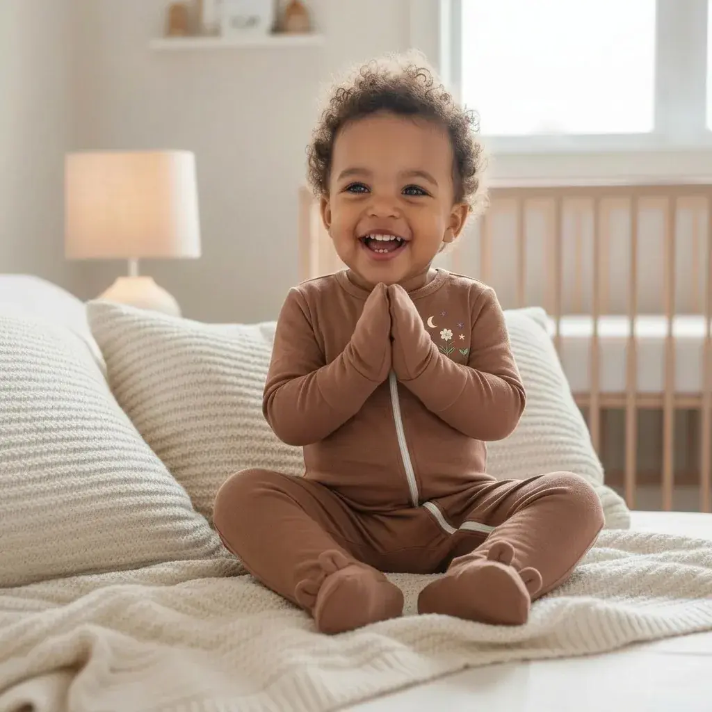 Toddler sitting on a bed in the Cozy Wiggle onesie, calm and content