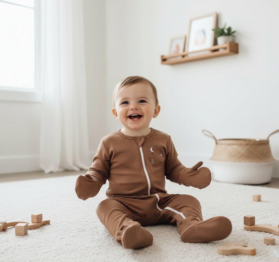 Smiling toddler sitting in the Cozy Wiggle onesie with soft fold-over hand cuffs, in a bright, calm nursery